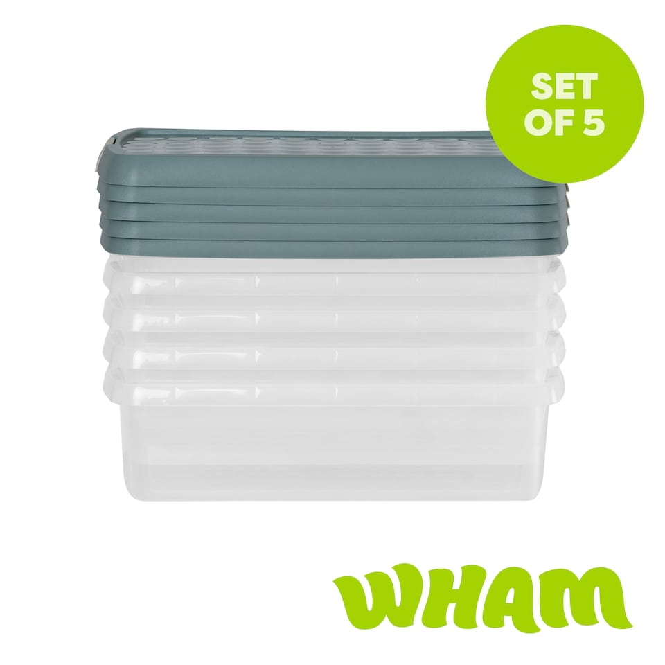 image 1 of Wham Clip 5x 7L Rectangular Plastic Storage Boxes with Clip Lock Lids. Ideal for Home, Office, Toys & More - Clear/Green Milieu | Green | Green Milleu | 5