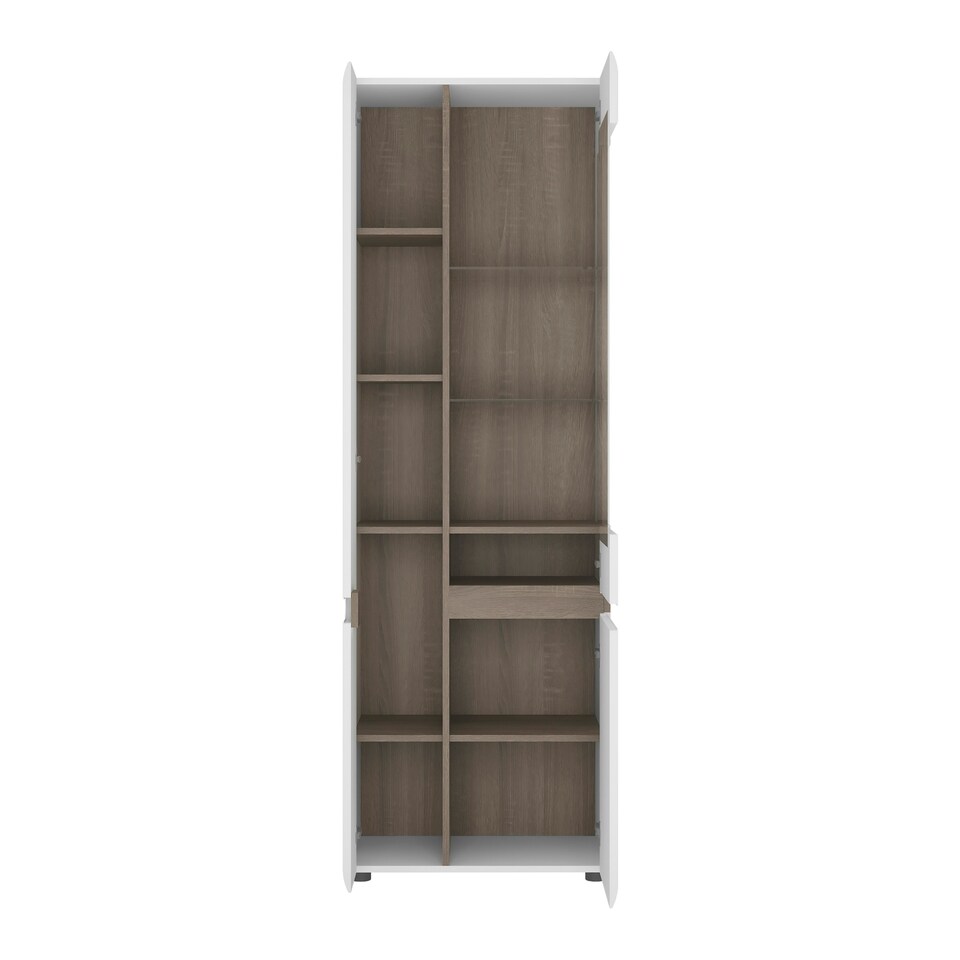 image 1 of Chelsea Living Tall Glazed Narrow Display Unit (LHD) in White with a Truffle Oak Trim