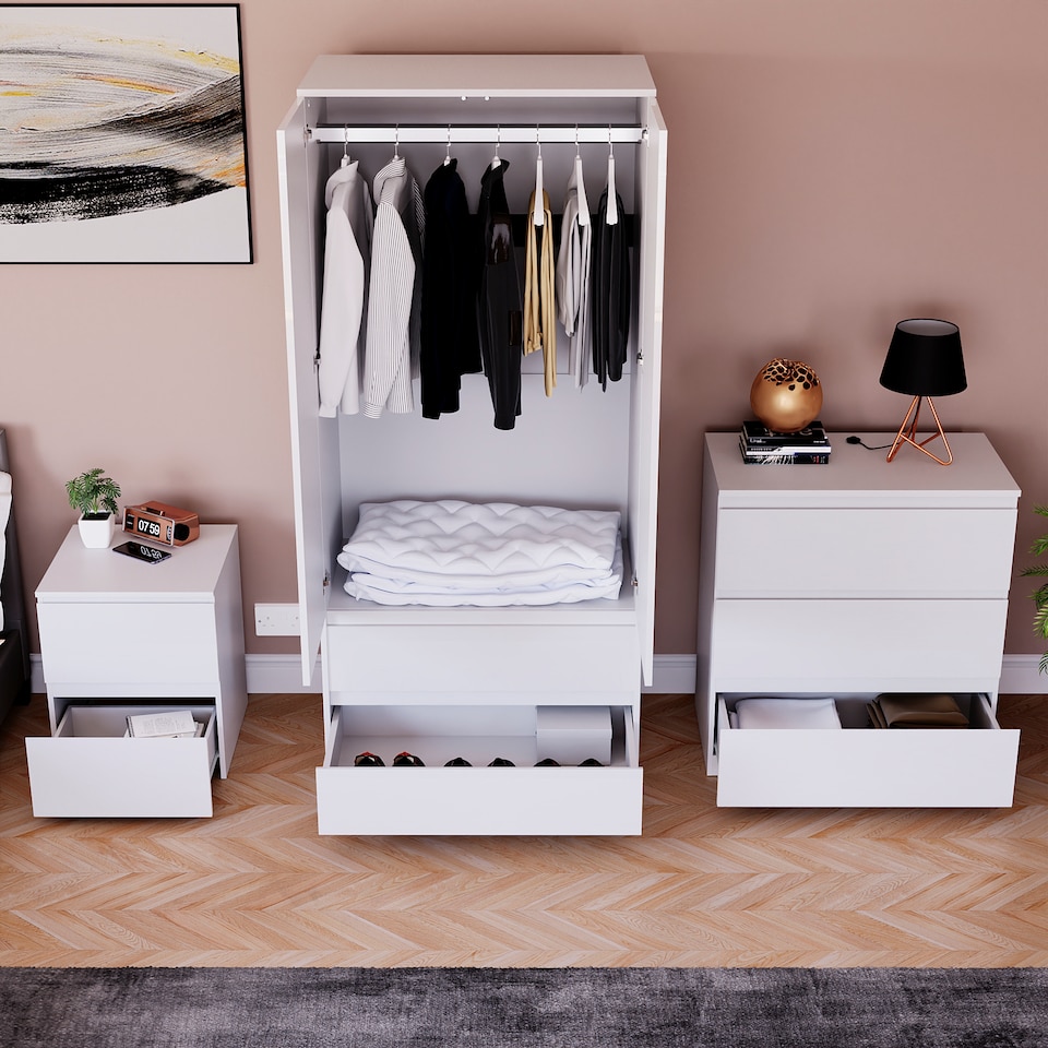 image 1 of Vida Designs Glinton 3 Piece FSC Certified Bedroom Set (2 Drawer Bedside Chest, 3 Drawer Chest, 2 Door 2 Drawer Wardrobe), White White | White