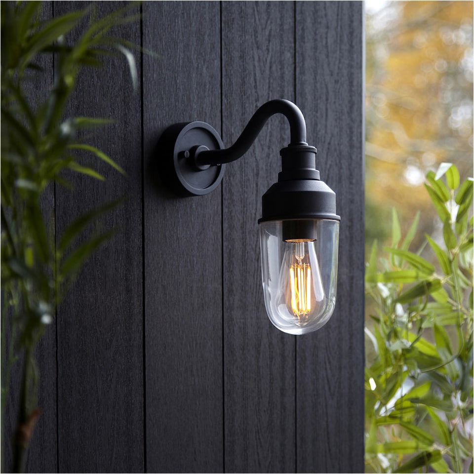 image 1 of 2 PACK IP44 Outdoor Wall Light - Textured Black Curved Arm Clear Glass Shade - Garage Porch Lamp