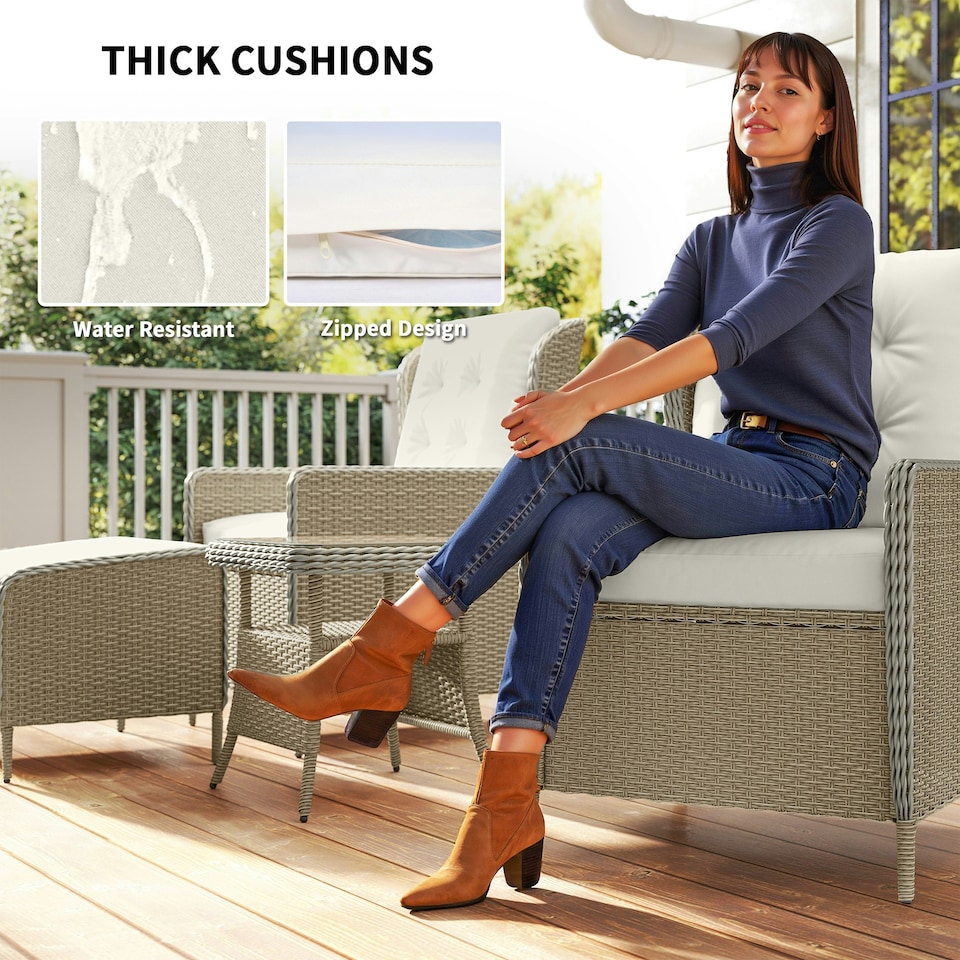image 1 of Outsunny Rattan Garden Furniture Set with Footstools Armchairs Light Grey