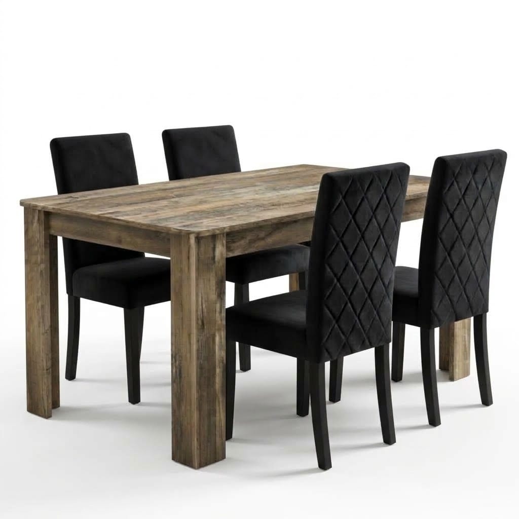 Rustic Wood Effect Dining Table and 4 Black Diamond Stitch Velvet Chairs with Wooden Legs