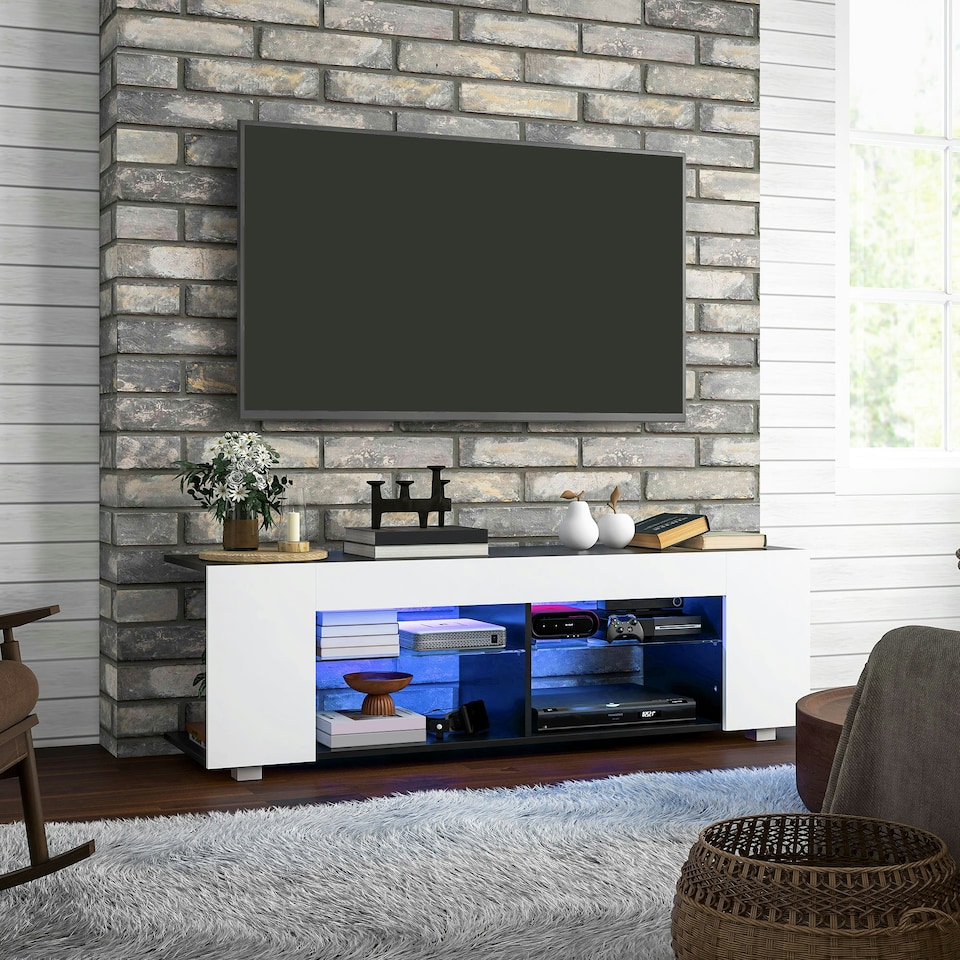 image 1 of HOMCOM TV Stand 145cm TV Unit with Glass Shelves RGB LED Light