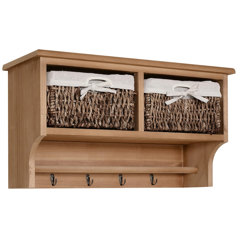 image 1 of HOMCOM Entryway Coat Rack Wall Mounted Shelf Hooks 2 Baskets Brown