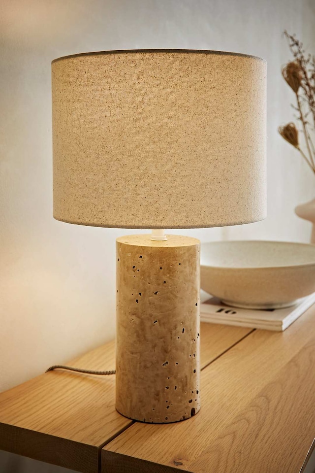image 1 of ValueLights Chloe Pair of Marble Effect Natural Table Lamps with Drum Shades & Bulbs | Cream