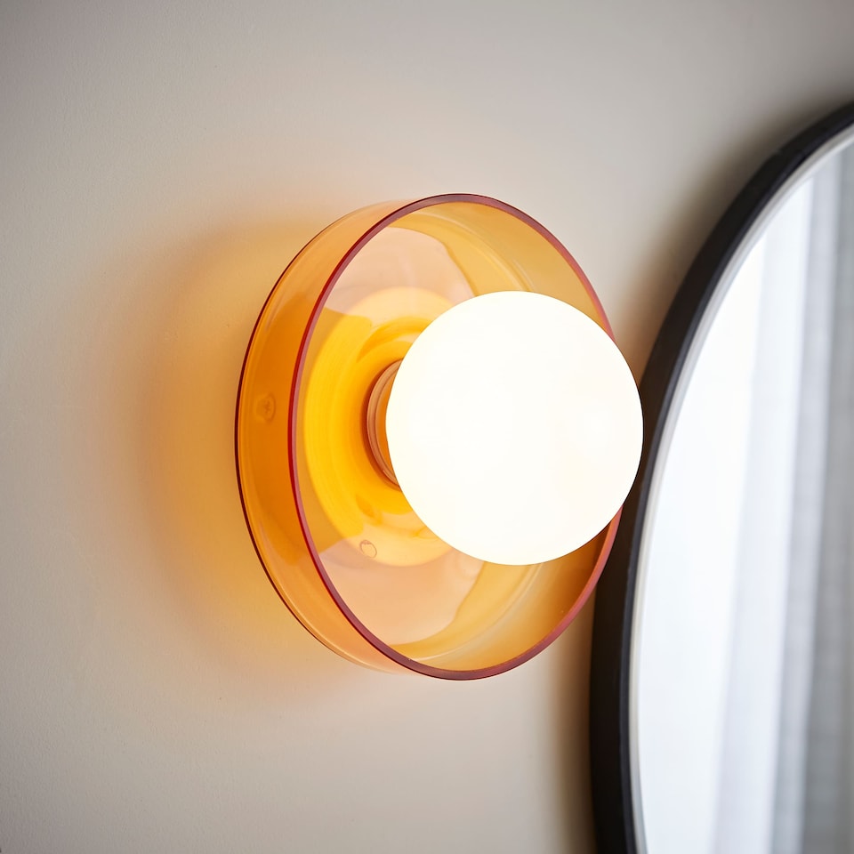 image 1 of ValueLights Newbury Amber Glass IP44 Flush Wall Light and Bulb | Orange