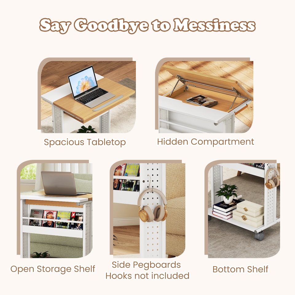 image 1 of COSTWAY Rolling Portable Desk C-Shaped Computer Cart White