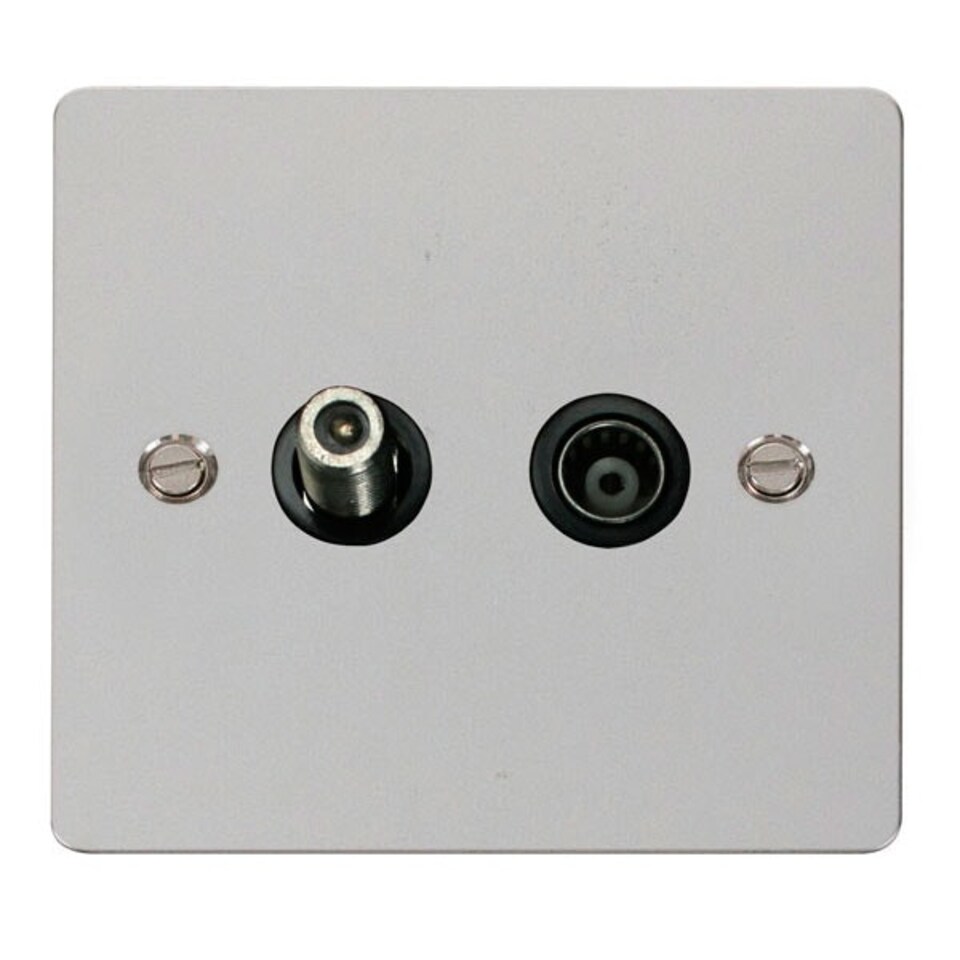 SE HOME Flat Plate Polished Chrome Satellite And Isolated Coaxial 1 Gang Socket - Black Trim - SE Home Black | Polished Chrome