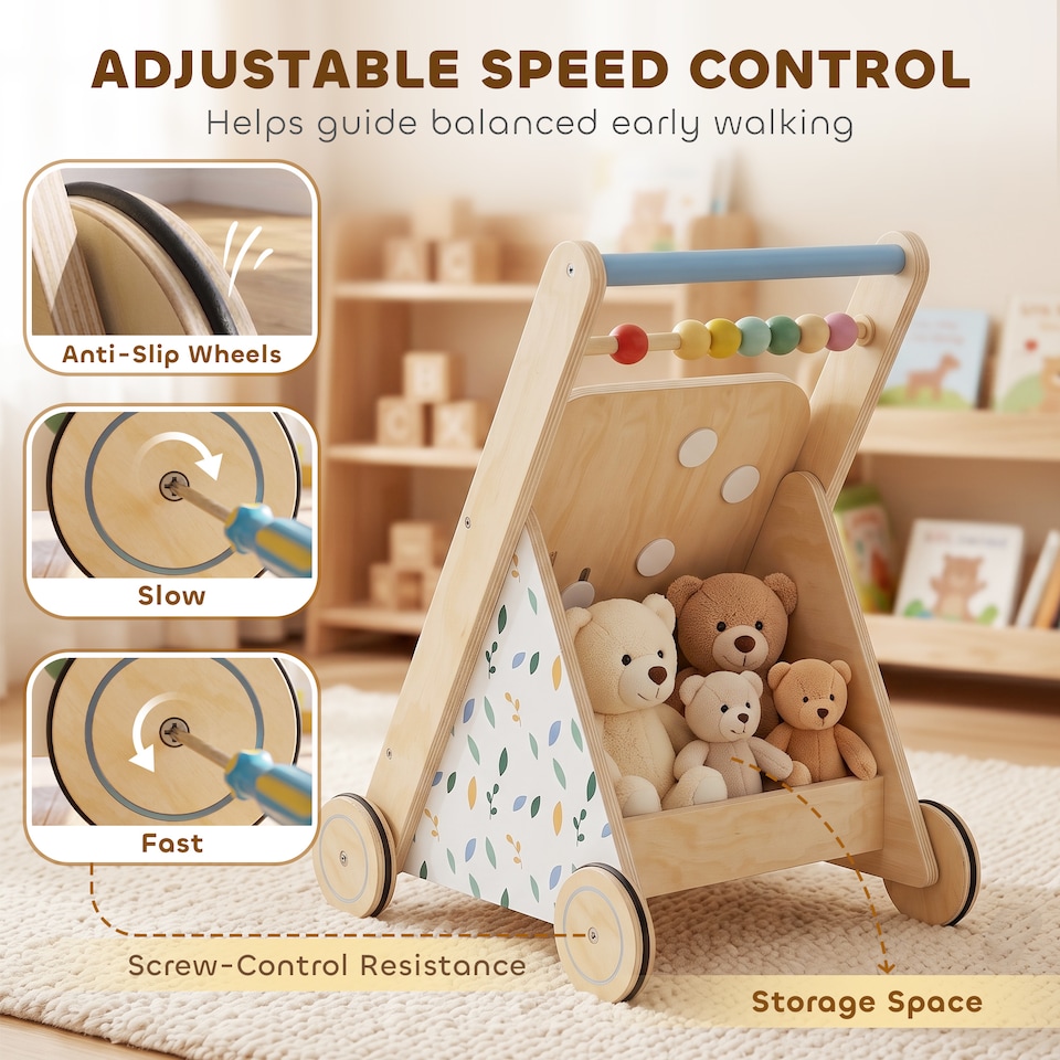 image 1 of AIYAPLAY Wooden Baby Walker with Speed Control, Activity Centre for 18 M+