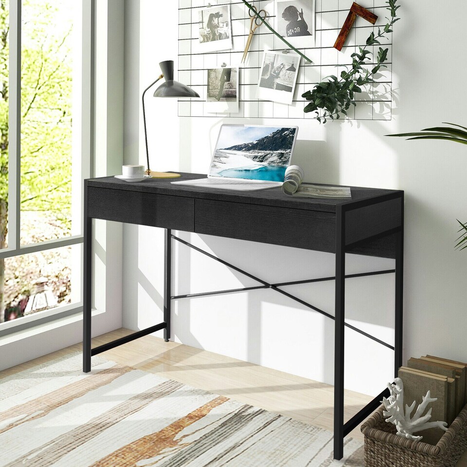 image 1 of COSTWAY Computer Desk Wooden Writing Workstation Black Black
