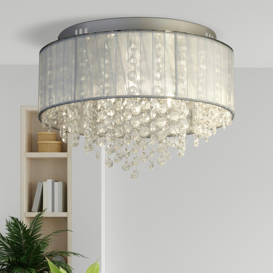 image 1 of 3Lt Ceiling Flush - Wrapped Chiffon Shade & Glass Drops