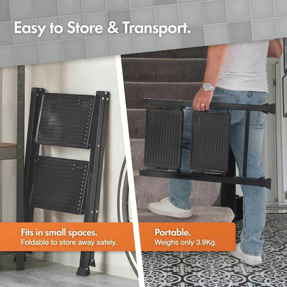 image 1 of VonHaus Slim 2 Step Ladder with Anti Slip Steps and Feet | Black