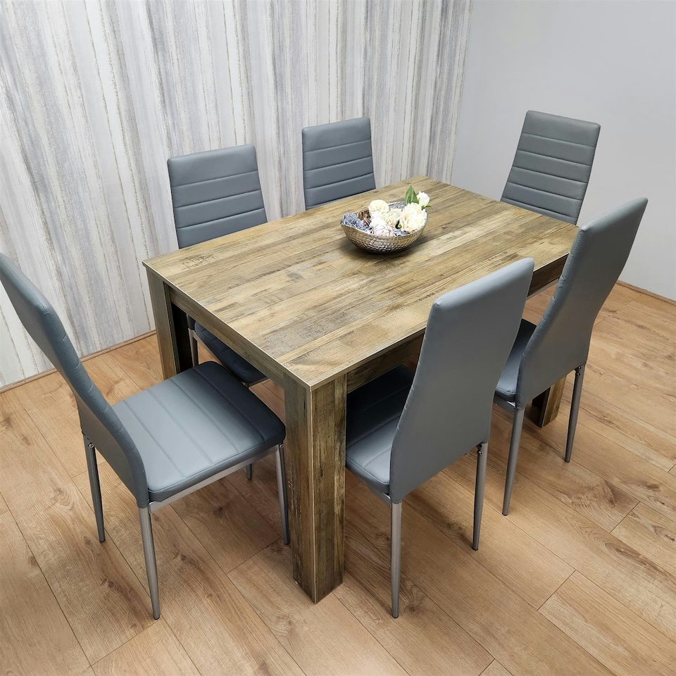 image 1 of Dining Table and 6 Chairs Rustic Effect Wood Table 6 Grey Leather Chairs Dining Room Brown