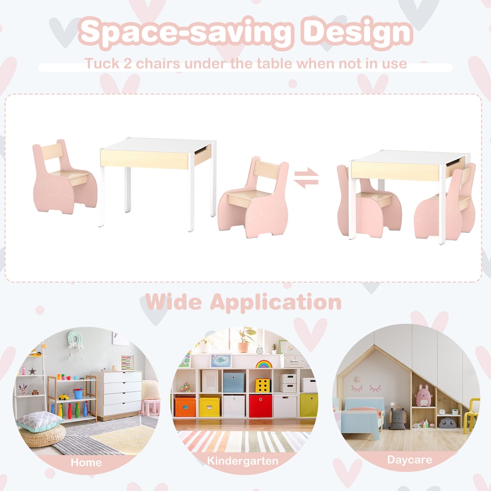 image 1 of COSTWAY Wooden Kids Table and Chair Set with Storage Pink