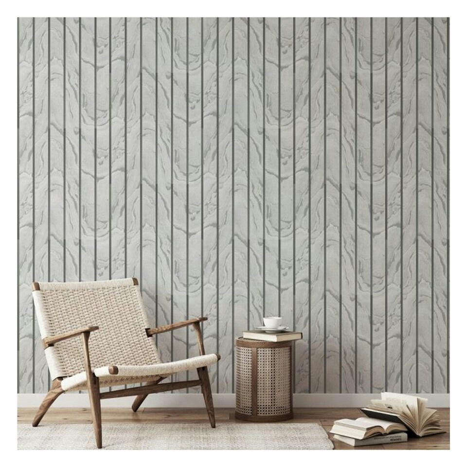 image 1 of Muriva Woodgrain Effect Wallpaper - Silver - 10m x 53cm Silver