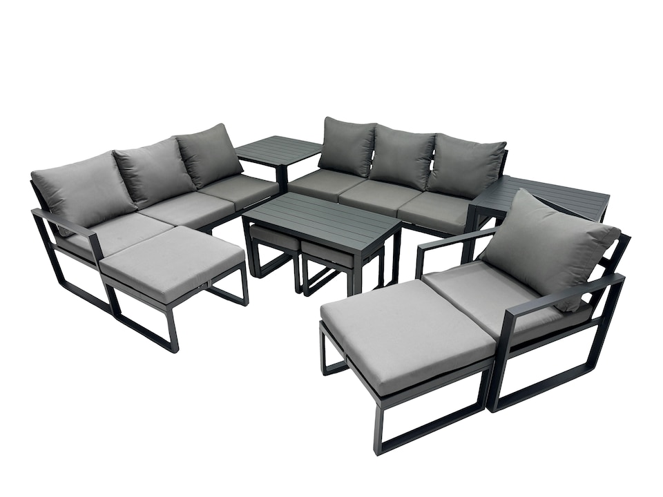 image 1 of Fimous Outdoor Garden Furniture Set Aluminium Lounge 3 Seat Sofa Oblong Coffee Table Sets with Chair 4 Stools 2 Side Tables Dark Grey