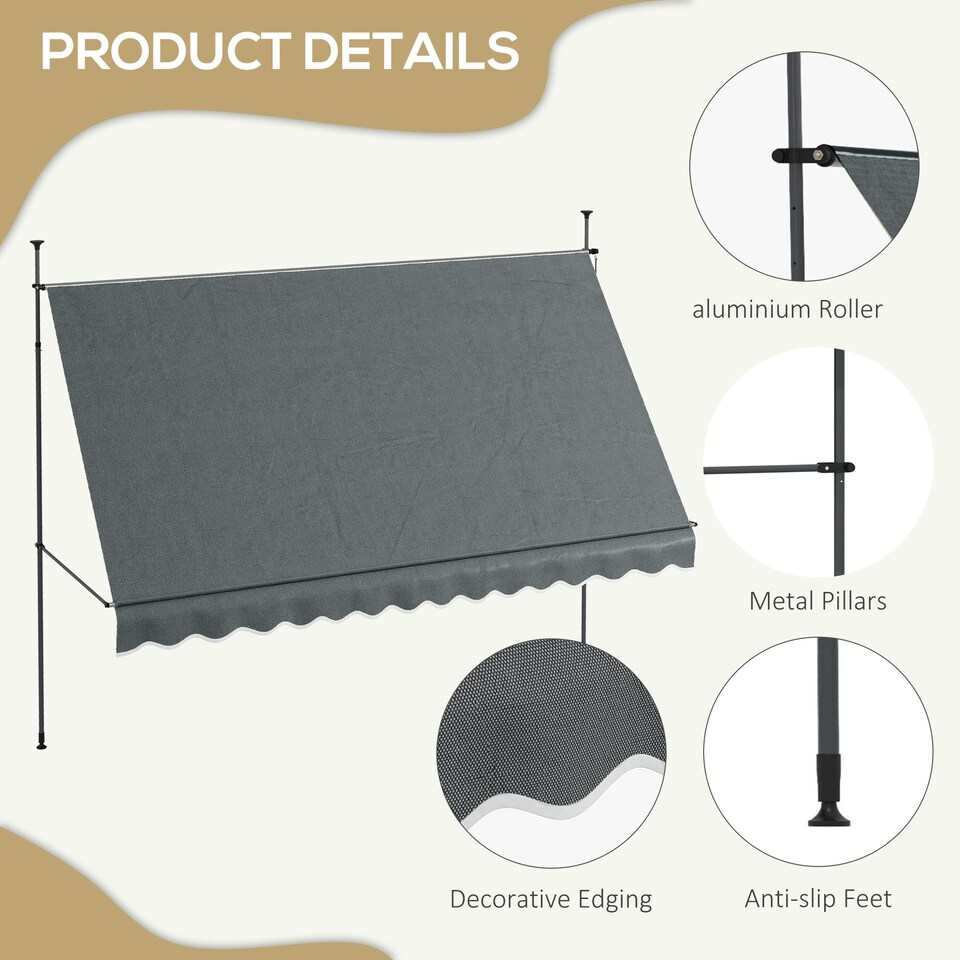 image 1 of Outsunny 3.5 x 1.2m Freestanding Retractable Awning, Non-Screw Garden Awning Grey