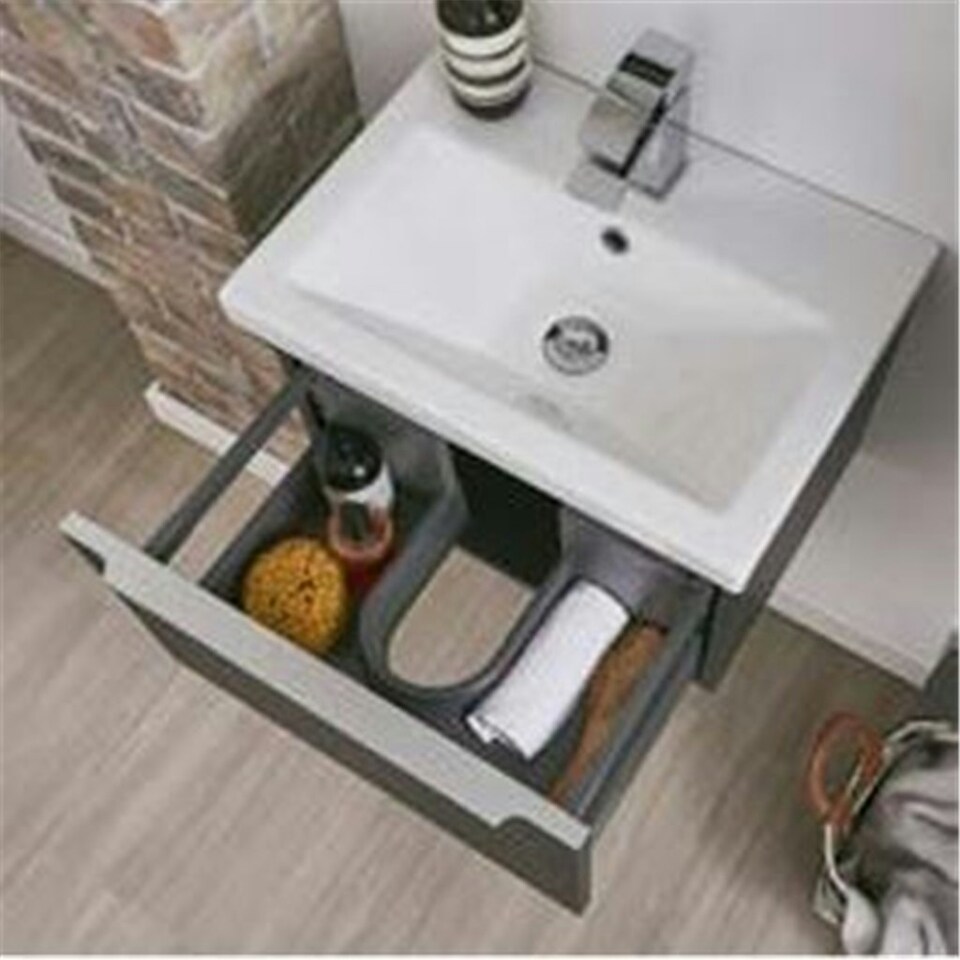 image 1 of 1200mm Bathroom Wall Mounted Drawer Unit and Twin Ceramic Basin - Matt Dark Grey (Central) - Brassware Not Included Grey