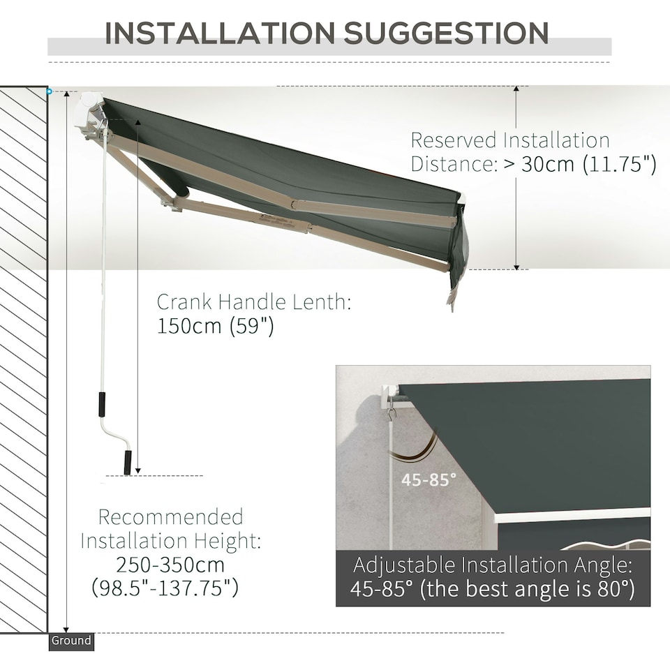 image 1 of Outsunny 3.5M x 2.5M Manual Awning Canopy Retractable Sun Shade Shelter | Grey | 1
