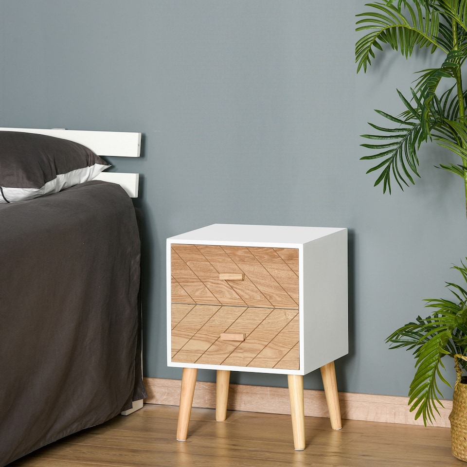 image 1 of HOMCOM 2 Drawers Bedside Table with Pine Legs, Bedroom Wooden Storage Cabinet, Natural