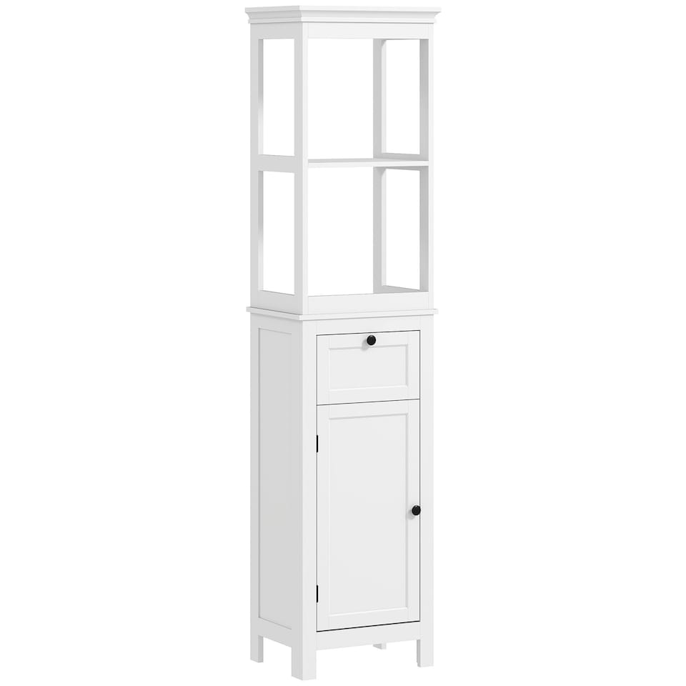 image 1 of HOMCOM Tall Bathroom Cabinet, Slim Bathroom Storage Cabinet with 2 Open Shelves, Soft Close Door and Drawer, Adjustable Shelf, Narrow Cupboard Storage Unit, White