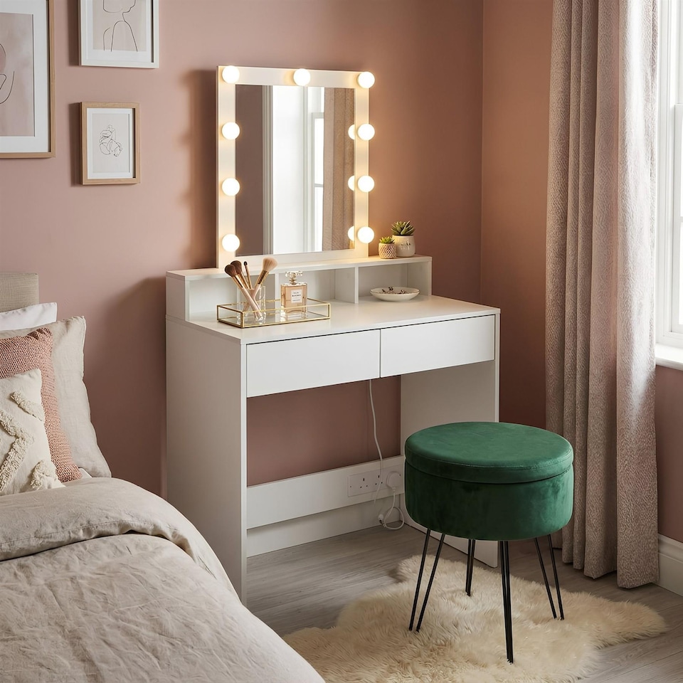 image 1 of Harbour Housewares Wooden Dressing Table Set with LED Lights & Green Stool - White | White | White/Green