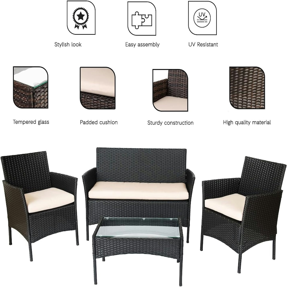 image 1 of Straame 4PC Rattan Garden Furniture Set with Table, 2 Cushioned Chairs & Double Sofa, (Black) Black