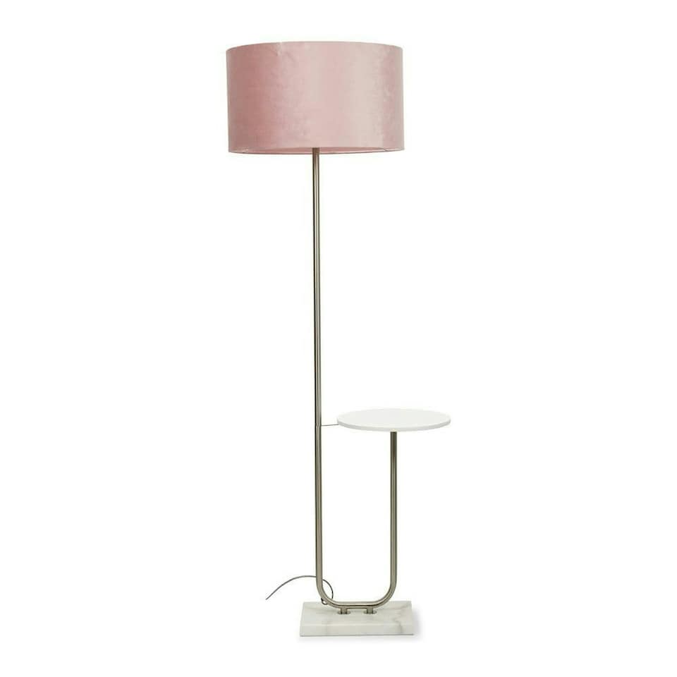 image 1 of ValueLights Large Brushed Chrome Curved Stem Marble Floor Lamp Coffee Table Standing Light - Blush Pink Velvet Shade + LED Bulb