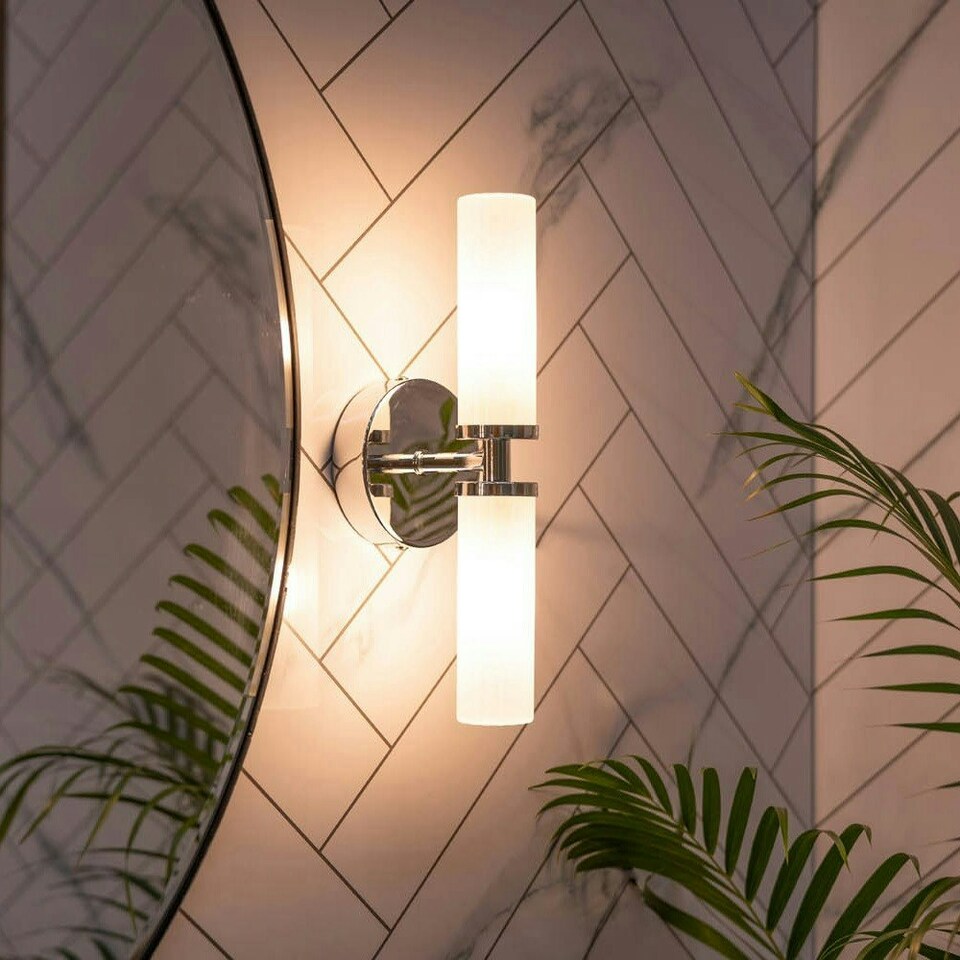 image 1 of ValueLights Canya Polished Chrome IP44 Bathroom 2 Way Frosted Reeded Glass Wall Light