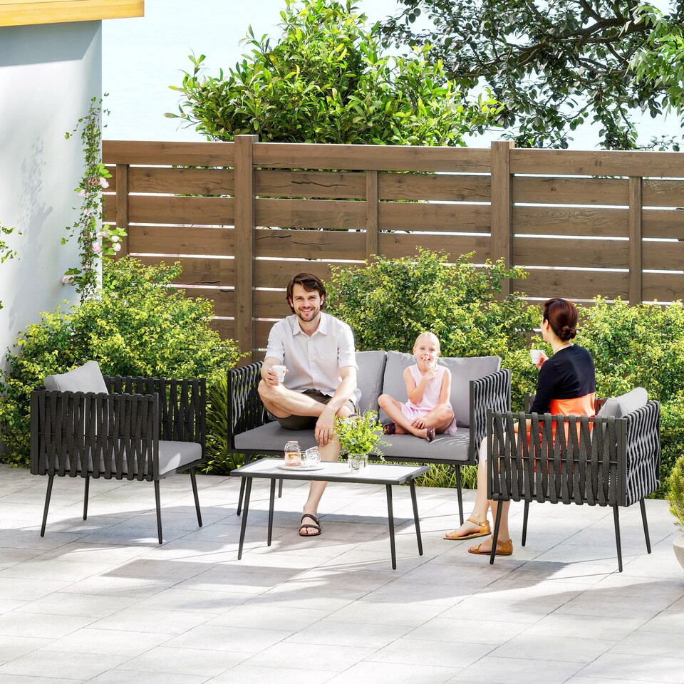 image 1 of Outsunny 4 Piece Outdoor Garden Furniture Set with Cushions, 4 Seater Garden Sofa Set with Loveseat, Armchairs and Faux Marble Top Table, Outdoor Furniture Set for Patio, Conservatory, Light Grey