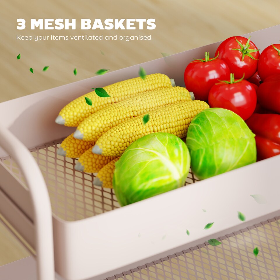 image 1 of HOMCOM 3-Tier Storage Trolley on Wheels, Rolling Utility Cart with Mesh Backets, Mobile Storage Cart for Kitchen, Bathroom, Bedroom, Light Pink | Pink | Pink