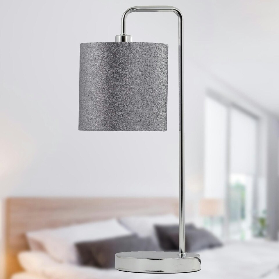 image 1 of First Choice Lighting Chrome Arched Table Lamp with Grey Glitter Shade Chrome | Grey