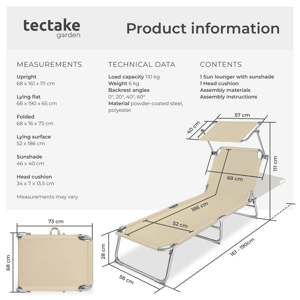image 1 of Sun Lounger - foldable, adjustable sunroof, 4-step backrest, head cushion | Cream | beige | 1