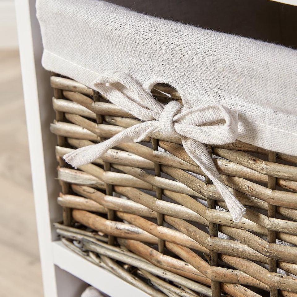 image 1 of Wooden Chest Of Drawer Storage Unit Willow Wicker Baskets Bedside Fully Assembled | White