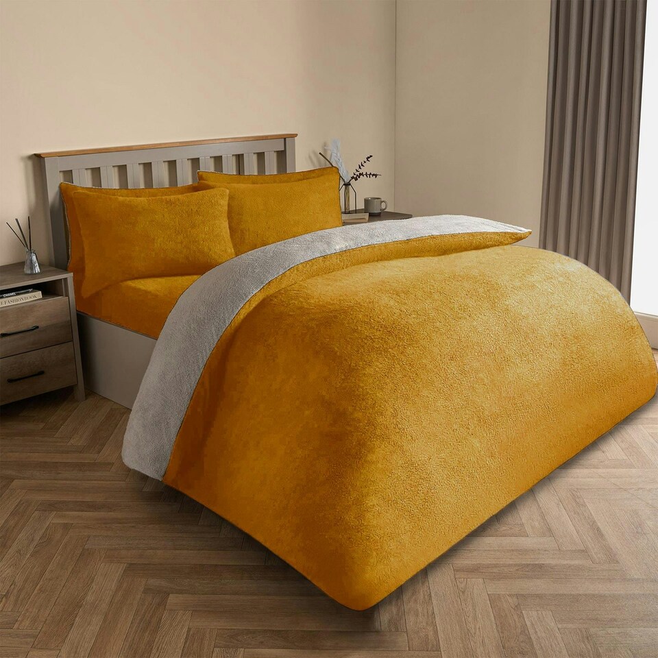 image 1 of OHS Luxury Teddy Fleece Reversible Duvet Cover and Pillowcase Bedding Set Multi | Ochre/Grey | Double