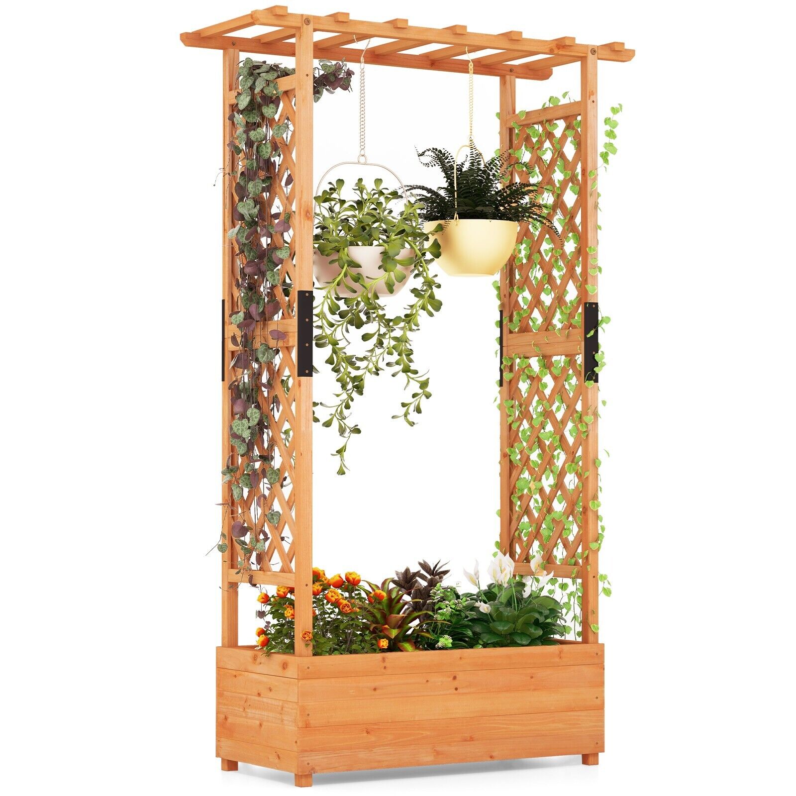 COSTWAY Raised Garden Bed Fir Wood Planter Box with Hanging Roof-Orange