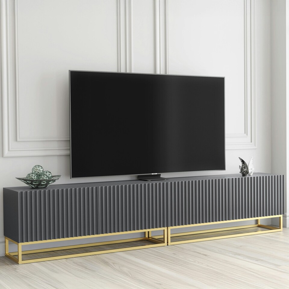 image 1 of Modular TV Unit 200cm Grey Matt with Fluted Fronts and Gold Base Grey