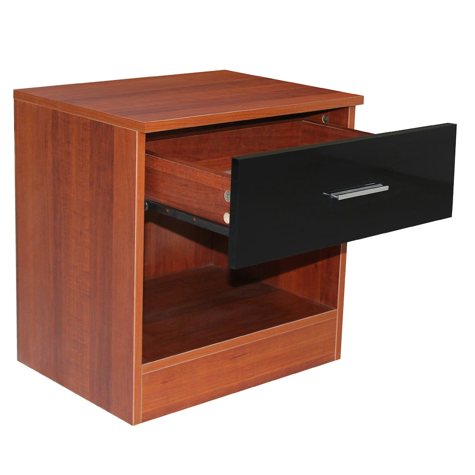 image 1 of Modern Bedside Table with Drawer and Open Shelf High Gloss In Walnut and Black Black | Oak