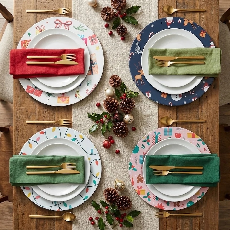 image 1 of Christmas Dinner Charger Plates Placemats Dining Table Setting Party Decor 33cm | Multi | 4 Plates