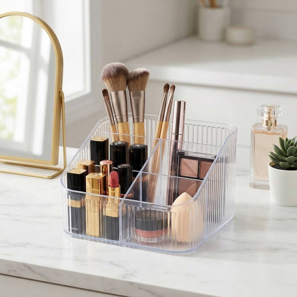 image 1 of Clear Plastic Makeup Organiser 6 Compartment Cosmetic Storage Holder | Clear | Clear | 1