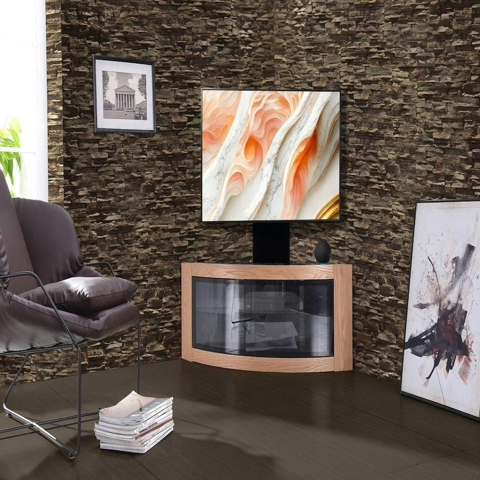 image 1 of Centurion Supports PANGEA Black/Oak Beam-Thru Curved True-Corner 32"-50" TV Cabinet with Mounting Arm Black | Oak