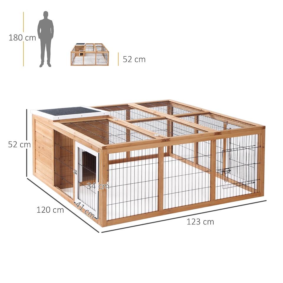 image 1 of PawHut Rabbit Hutch Outdoor, Guinea Pig House, Bunny Run Cage with Openable Top for 1-2 Rabbits, 123 x 120 x 52cm, Yellow