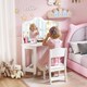 image 2 of AIYAPLAY Kids Dressing Table and Stool Set, Girls Vanity Table with 2-Colour LED Lights, Tri-Folding Mirror and Side Storage Pocket, Children Makeup Desk for Ages 3-8 Years, White
