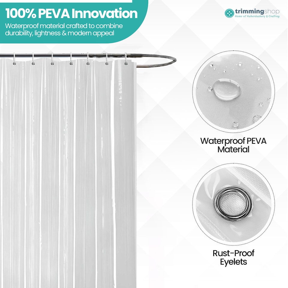 image 1 of PEVA Transparent Bathroom Shower Curtain with 12 Hooks - 180x200cm