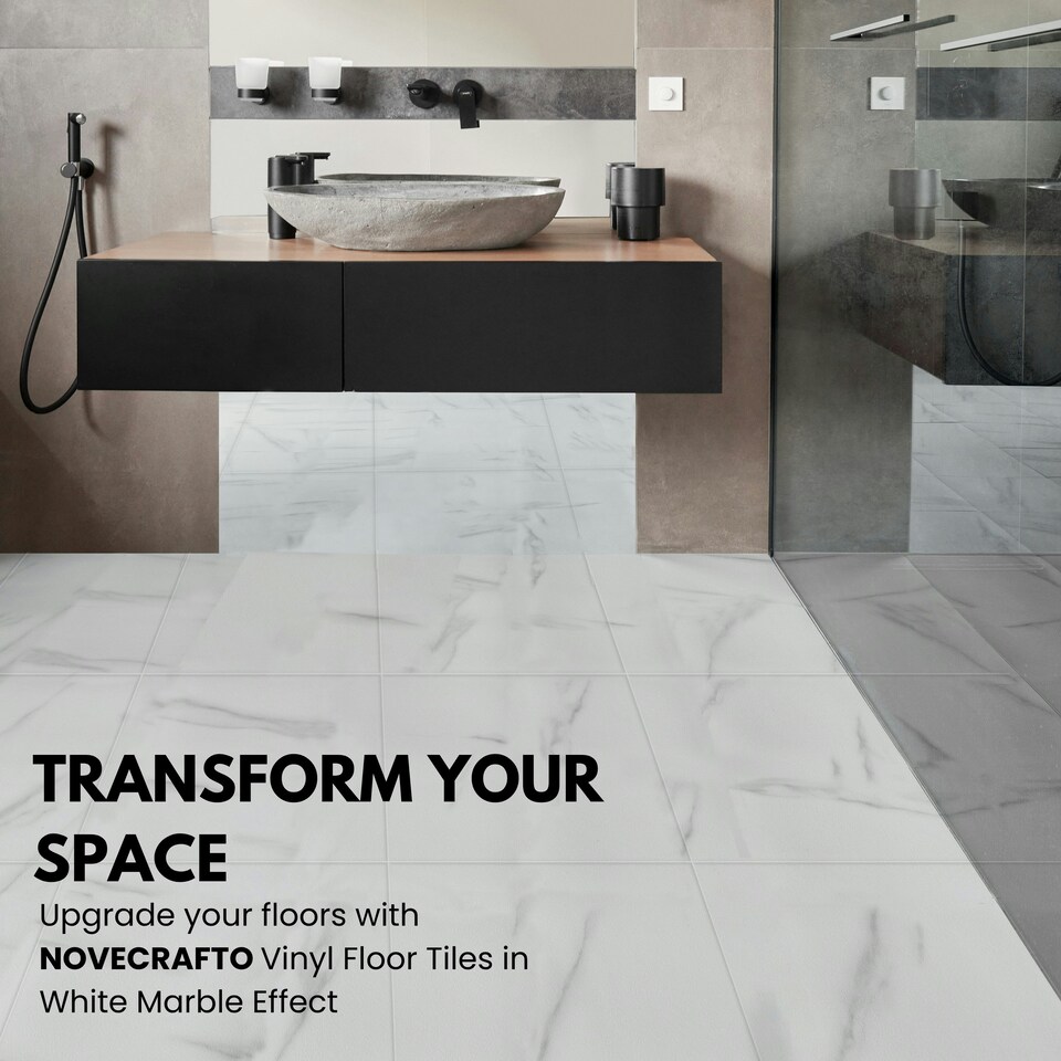 image 1 of NOVECRAFTO Vinyl Floor Tiles Self Adhesive – 18x18in Peel and Stick Waterproof Square Flooring for Kitchen, Bathroom & More – White Marble Design | White | 7.1 sqm