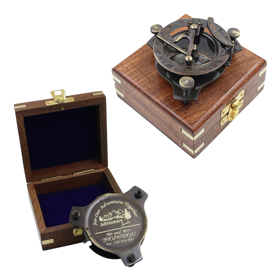 image 1 of Engraved 3-Inch Gunmetal Sundial Compass with Wooden Box