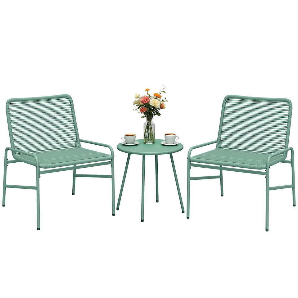 image 1 of Outsunny Rattan Bistro Set with 2 Chairs & Round Table for Patio | Green | Green | 58 x 67 x 75 cm (chair), 46 x 46 x 46 cm (table)