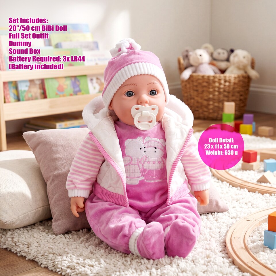 image 1 of BiBi Doll 20" Pinky Baby Doll Girl with White Coat Outfit, Sounds & Dummy Toy