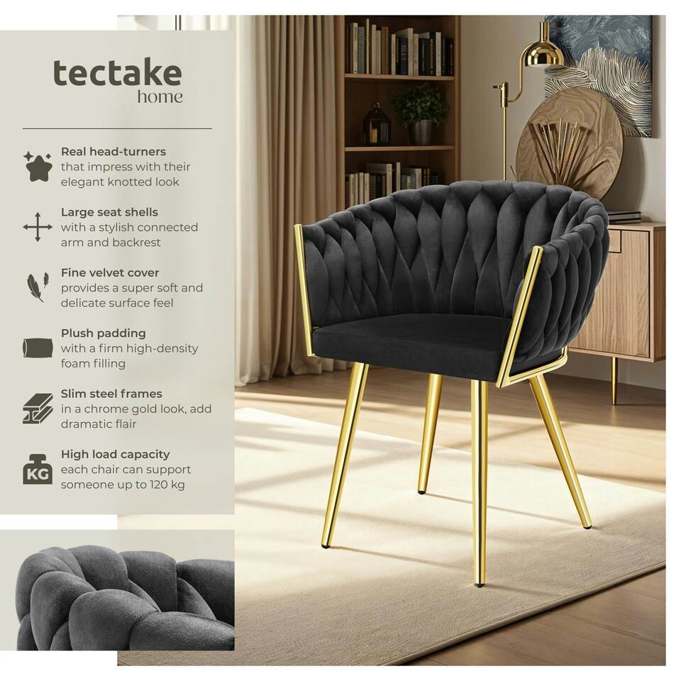 image 1 of Dining Chair Astano - padded, velvet, knot design, continuous backrest - Set of 2 Black | Black/Gold