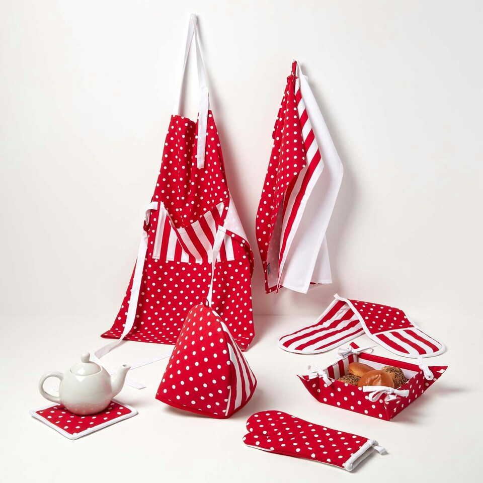 image 1 of Homescapes Red Polka Dot Cotton Apron